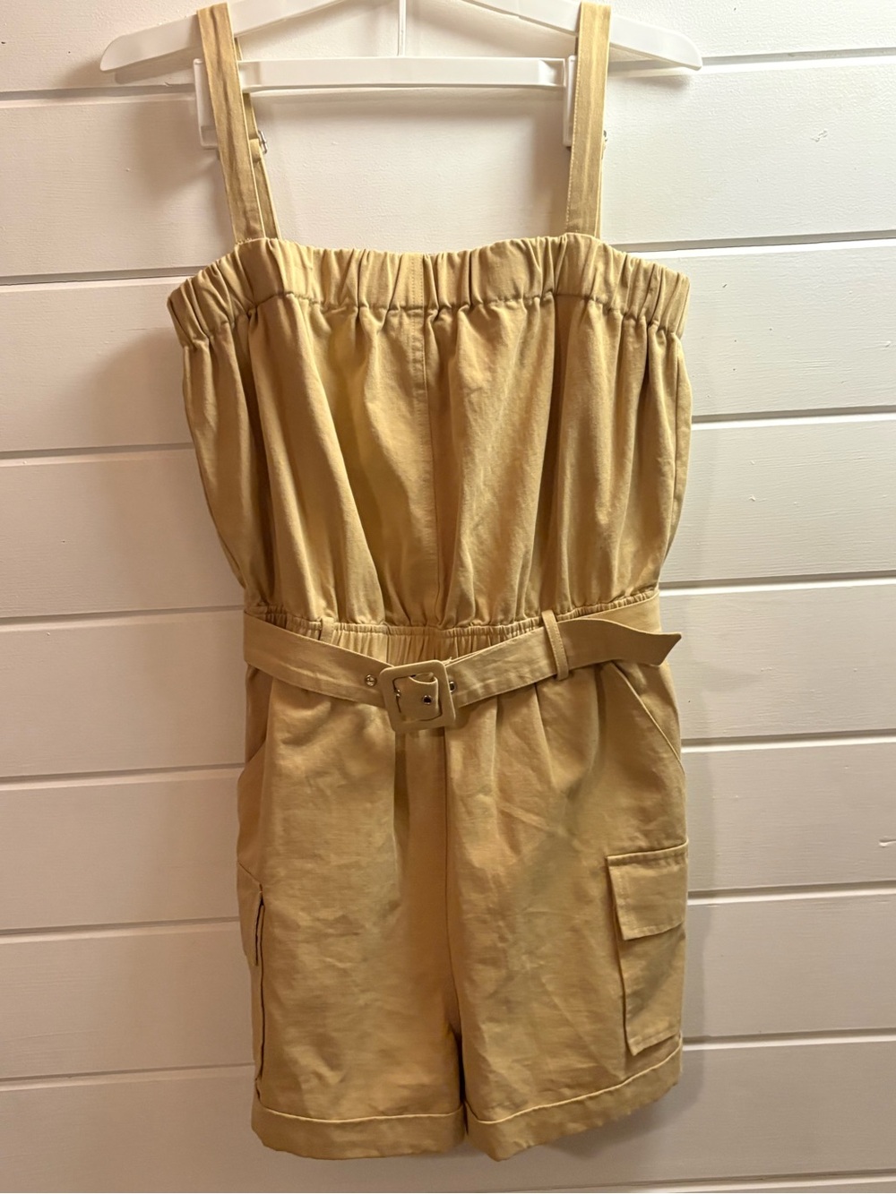 Gilli Tan Strapless Belted Cotton Romper with Cargo Pockets
